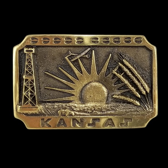 Vintage 1979 Kansas Solid Brass Belt Buckle Heritage Mint Ltd Oil Wheat 10-1858 - Picture 5 of 10